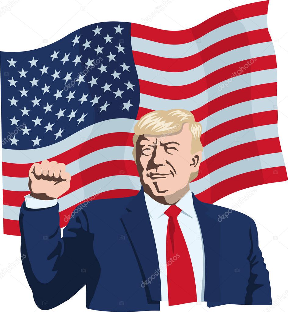 Portrait of Donald Trump in a red tie against the background of the American flag. The President raised his hand up, clenched into a fist. Vector illustration. Flat infographics.