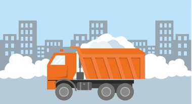 Şehrin arka planında karla dolu turuncu bir kamyon şehrin sokaklarını karla kaplıyor. Çizimi bitirdim. Şehirde kış yağışı, kar temizleme ve kaldırma sorunu. Düz bilgi grafikleri. Vektör illüstrasyonu