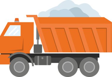 Beyaz arka planda karla dolu turuncu büyük bir kamyon. Şehirde kış yağışı, kar temizleme ve kaldırma sorunu. Düz bilgi grafikleri. Vektör illüstrasyonu