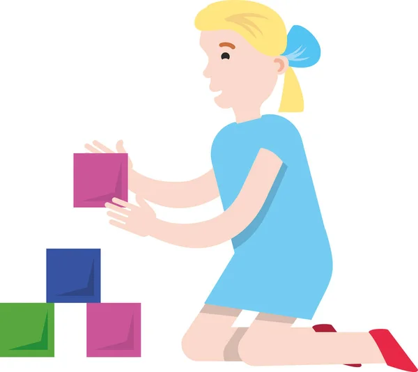 Mavi Elbiseli Küçük Bir Kız Zarla Oynuyor Beyaz Arka Planda — Stok Vektör