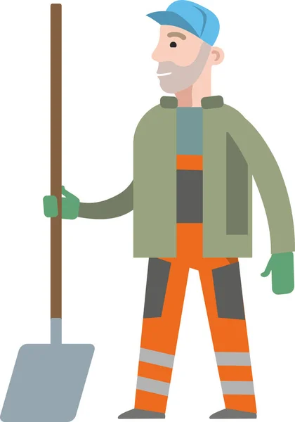 Janitor Stands Holds Shovel His Hand Isolated White Background Utilities — Stock Vector