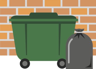 Yeşil bir çöp konteynırı ve beyaz arka planda izole edilmiş tuğla bir duvarın yanında siyah bir çöp torbası. Ekoloji ve çöp sorunu, atık toplama ve işleme. Düz bilgi grafikleri. Vektör