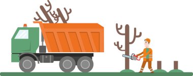 Bir işçi eski kuru bir ağacı kesiyor. Kentsel alanların güzelleştirilmesinde hizmet. KAMAZ, kamyon devrilmiş ağaçlarla dolu. Hazır illüstrasyon. Düz bilgi grafikleri. Vektör illüstrasyonu.