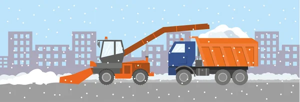 Équipement Déneigement Chasse Neige Orange Camion Couvert Neige Sur Fond — Image vectorielle