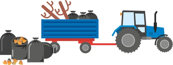 Trator Com Reboque Carregado Com Sacos Lixo Preto Cheio Árvores — Vetor de Stock
