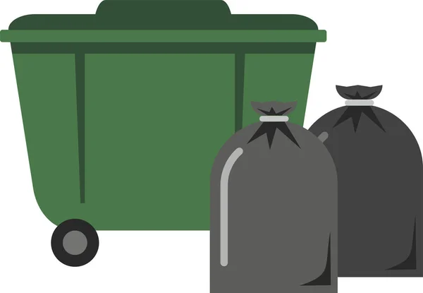 緑のゴミ箱と白い背景に隔離された完全な黒いゴミ袋 生態系とゴミ 廃棄物の収集と処理の問題 フラットインフォグラフィック ベクターイラスト — ストックベクタ