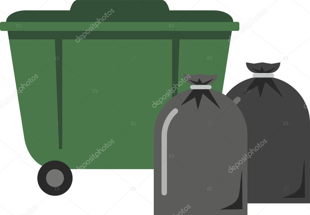 Green dumpster and a full black garbage bags isolated on a white background. The problem of ecology and garbage, waste collection and processing. Flat infographics. Vector illustration