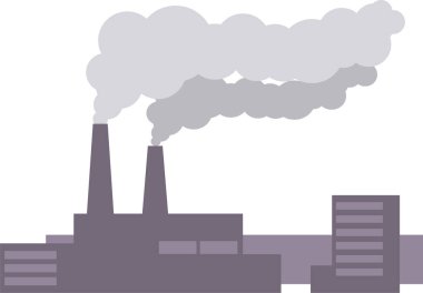 Beyaz arka planda izole edilmiş termik santral. Bacaları ve kirli dumanı olan endüstriyel üretim binaları. Çevre kirliliği, endüstriyel hava kirliliği sorunu. Düz bilgi grafikleri.