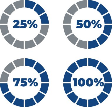 Bilgi ve web tasarımı için kullanıma hazır turta yüzdesi çizelgeleri. Yüzde 25, 50, 75, 100. Düz bilgi grafikleri. Vektör illüstrasyonu.