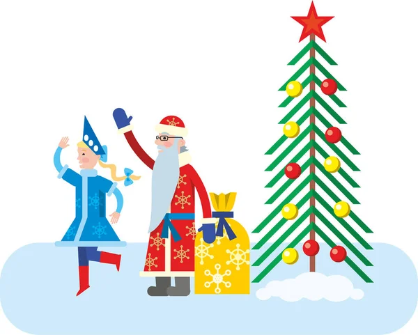 Weihnachtsmann Und Schneewittchen Mit Einem Sack Voller Geschenke Stehen Weihnachtsbaum — Stockvektor