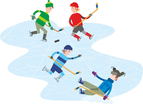 Active Winter Fun Children Play Ice Hockey Skate Ice Flat — Stock Vector