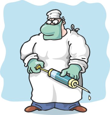 Tıbbi önlüklü bir doktor, maskesinde aşı var. Grip ve koronavirüsün önlenmesi ve tedavisi. Düz bilgi grafikleri. Çizgi film tarzında vektör illüstrasyonu.