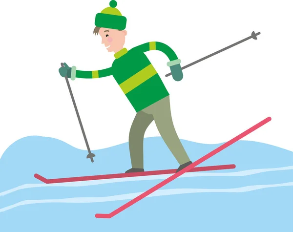 Активные Зимние Развлечения Зимний Спорт Лыжи Мальчик Катается Лыжах Плоская — стоковый вектор