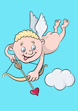 Yay ve ok şeklinde kalp şeklinde komik bir aşk tanrısı bulutların üzerinde uçar. Kanatlı aşk tanrısı nişan alır, yaydan ateş eder. Sevgililer günü için hazır kart, düğün. Vektör illüstrasyonu, çizgi film