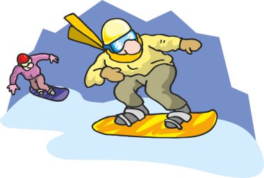 Aktif kış eğlenceleri, kış sporları, snowboard sporları. Snowboardcular dağdan yüksek hızda inerler. Düz bilgi grafikleri. Çizgi film tarzında vektör illüstrasyonu.