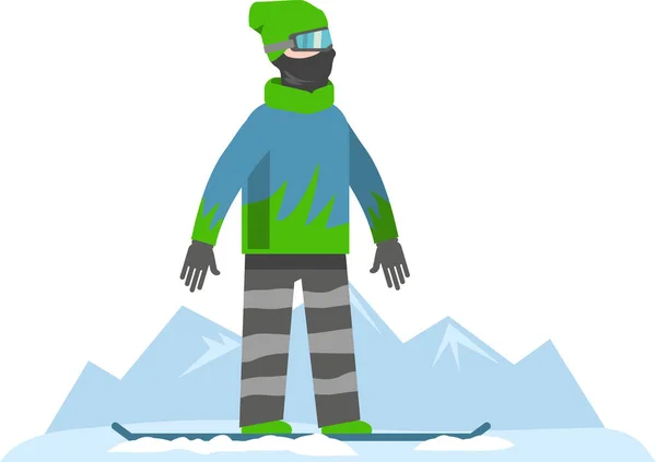 アクティブな冬のエンターテイメント 冬のスポーツ スノーボード マスク ゴーグル 帽子の装備されたスノーボーダーは 山のピークを背景に立っています フラットインフォグラフィック ベクターイラスト — ストックベクタ
