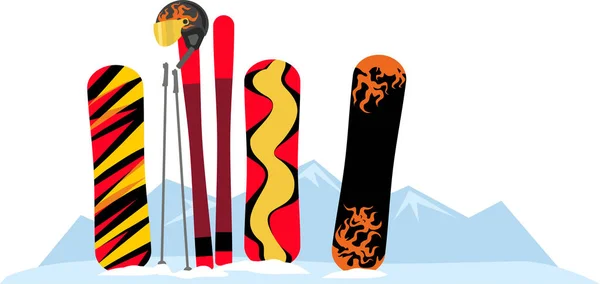 スノーボードやアルペンスキーのためのクールな機器 スノーボード 高山スキー スキーポール 雪の山のピークを背景にヘルメット フラットインフォグラフィック ベクターイラスト — ストックベクタ