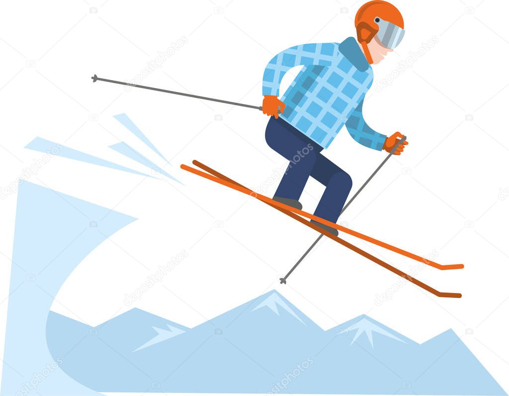 Active winter entertainment, winter sports, alpine skiing. An equipped skier descends the mountain at high speed. Flat infographics. Vector illustration.