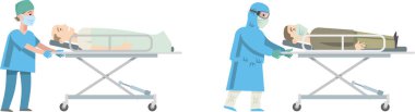 Hemşire ve doktor koruyucu tıbbi giysiler ve tıbbi maskeler içinde hastayı sedyeyle taşıyorlar. Acil tıbbi bakım. Hastalıklı bir hastanın hastaneye kaldırılması. Düz bilgi, vektör