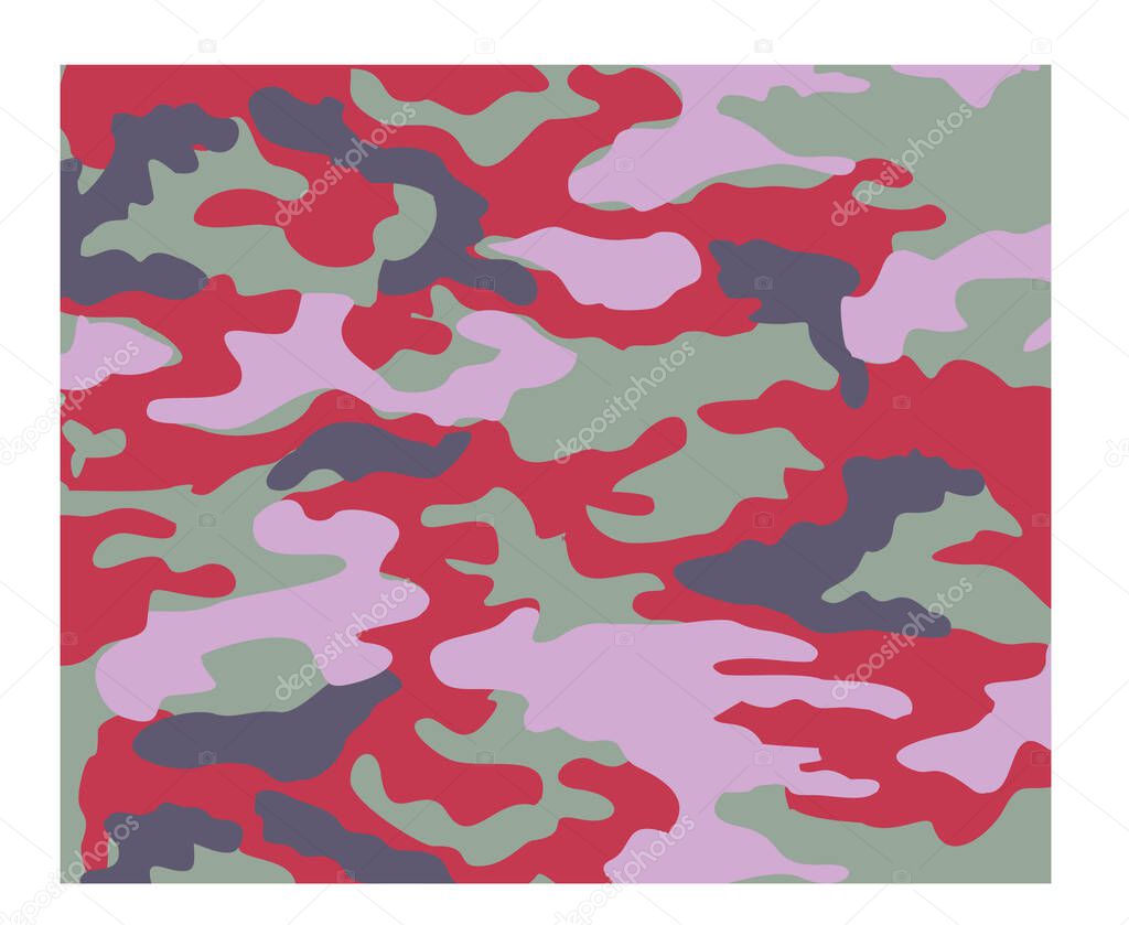 Camouflage fashionable avant-garde pattern. Camouflage protective military print in red, green. Flat infographics. Vector illustration, background.