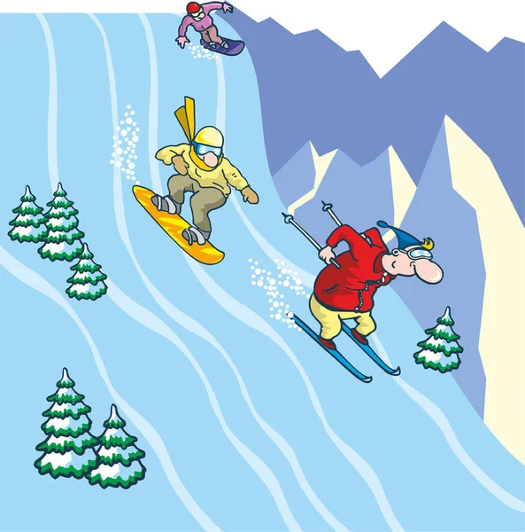 スピードで山から雪上車やスキー場が降ります 活動的な冬の活動 冬のスポーツ 高山スキーやスノーボード フラットインフォグラフィック 漫画風のベクトルイラスト — ストックベクタ
