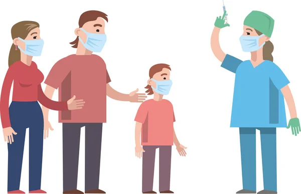 Familie Vaccinatie Voor Immuungezondheid Arts Houdt Een Injectiespuit Zijn Hand — Stockvector