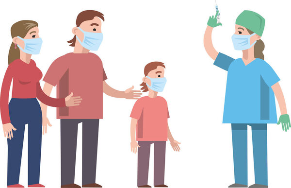 Семейная вакцинация для иммунного здоровья. Врач держит в руке шприц с вакциной против гриппа, вируса, коронавируса. Профилактика и иммунизация людей. Плоская инфографика. Вектор