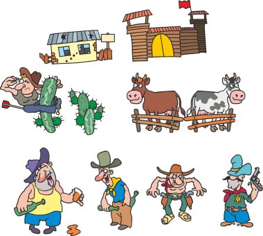 Vahşi batı çizgi film seti. Çeşitli kovboylar, alkolle, şişelerle, silahlarla, tabancalı bir şerifle, ahırda ineklerle, kaktüslerle, çiftlikle sarhoş. Düz bilgi grafikleri. Çizgi film tarzında vektör illüstrasyonu.