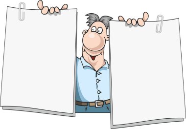 Tatmin olmuş bir adam elinde iki boş kağıt tutuyor. Reklamınız için yer açın. Beyaz arka planda izole edilmiş el çizimi bir adam. Düz bilgi grafikleri. Çizgi film tarzında vektör illüstrasyonu.