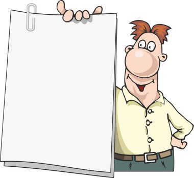 Tatmin olmuş bir adam elinde boş bir kağıt parçası tutuyor. Reklamınız için yer açın. Beyaz arka planda izole edilmiş el çizimi bir adam. Düz bilgi grafikleri. Çizgi film tarzında vektör illüstrasyonu.