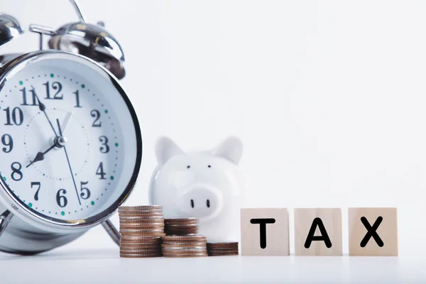 Tempo Para Pagar Tax Piggy Banco Relógio Moedas Empilhadas Bloco — Fotografia de Stock