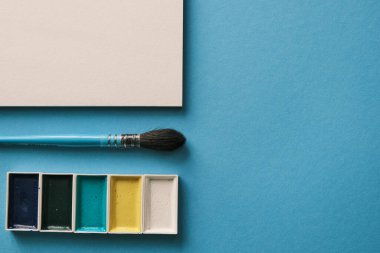 Sincap fırçası ve suluboya tabloları. Sanatçı çalışma alanı konsepti. Metin hazır