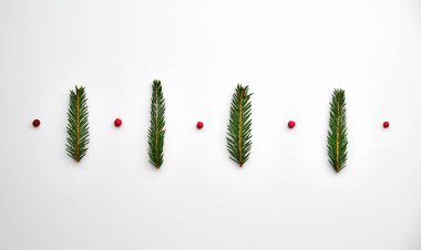 Beyaz arka plandaki Noel köknar dallarından yapılmış yaratıcı çerçeve. Tebrik kartı, kış tatili. Düz yatıyordu