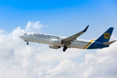 Boryspil, Ukraine -  June 6,  2019: Airplane Boeing 737-800 (UR-PSQ) of Ukraine International Airlines taking-off in Boryspil International Airport