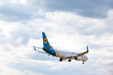 Boryspil, Ukraine - 4 July 2019: Airplane Boeing 737-800 (UR-PSW) of Ukraine International Airlines landing in Boryspil International Airport