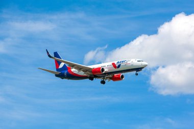 Boryspil, Ukraine - July 20, 2020: Airplane Boeing 737-800 of Azur Air Ukraine is landing in Boryspil International Airport