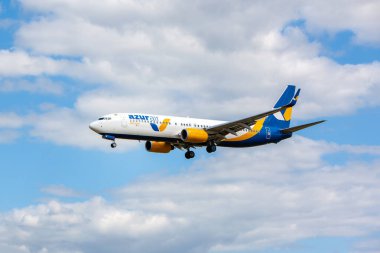 Boryspil, Ukraine - 4 July 2019: Airplane Boeing 737-800 of Azur Air Ukraine Airlines landing in Boryspil International Airport
