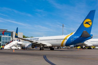 Boryspil, Ukraine - 10 September 2019: Airplane Boeing 737-800 of Ukraine International Airlines landing in Boryspil International Airport