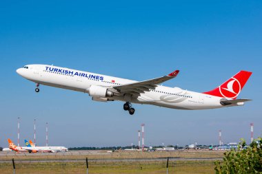 Boryspil, Ukraine - August 20, 2020 : Airplane Airbus A330 of Turkish Airlines is taking-off  from Boryspil International Airport