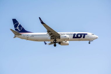 Boryspil, Ukraine - September 21, 2020: Airplane Boeing 737-800 of LOT Polish Airlines is landing in Boryspil International Airport
