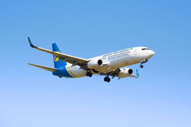 Boryspil, Ukraine - 21 September 2020: Airplane Boeing 737-800 of Ukraine International Airlines landing in Boryspil International Airport