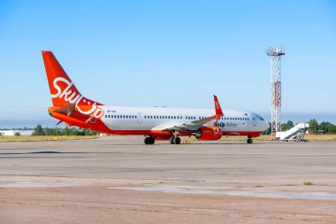 Boryspil, Ukraine - 13 August 2020: Airplane Boeing 737-900 of SkyUp Airlines in Boryspil International Airport