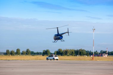 Boryspil, Ukraine - 13 August 2020: Helicopter Robinson R66 Turbine in Boryspil International Airport