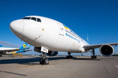 Boryspil, Ukraine -August 13, 2020: Airplane Boeing 777-200 of Ukraine International Airlines in Boryspil International Airport