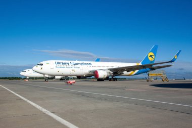 Boryspil, Ukraine -August 13, 2020: Airplane Boeing 777-200 of Ukraine International Airlines in Boryspil International Airport