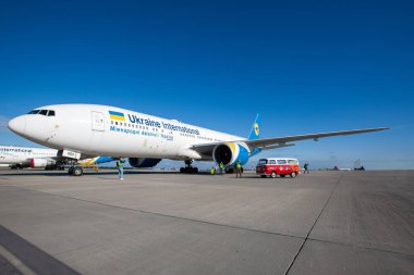 Boryspil, Ukraine - August 13, 2020: Airplane Boeing 777-200 of Ukraine International Airlines in Boryspil International Airport