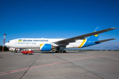 Boryspil, Ukraine -August 13, 2020: Airplane Boeing 777-200 of Ukraine International Airlines in Boryspil International Airport