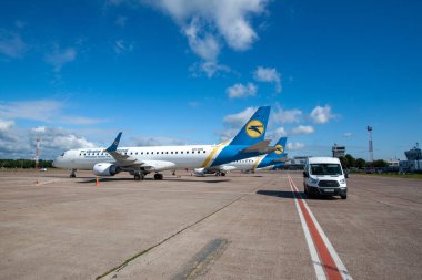 Boryspil, Ukraine -August 13, 2020: Airplane Embraer 190-100STD of Ukraine International Airlines in Boryspil International Airport