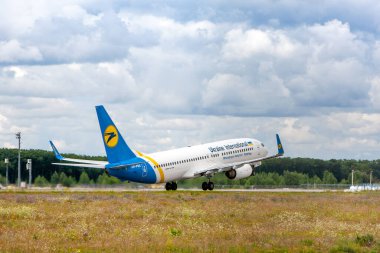 Boryspil, Ukraine - August 13, 2020: Airplane Boeing 737-800 of  Ukraine International Airlines is taking off from Boryspil International Airport