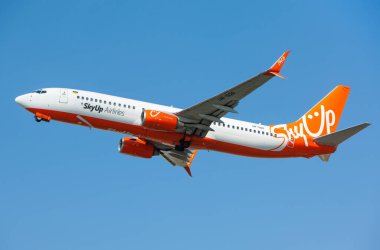 Boryspil, Ukraine - August 20, 2020: Airplane Boeing 737-800 of SkyUp Airlines is landing in Boryspil International Airport